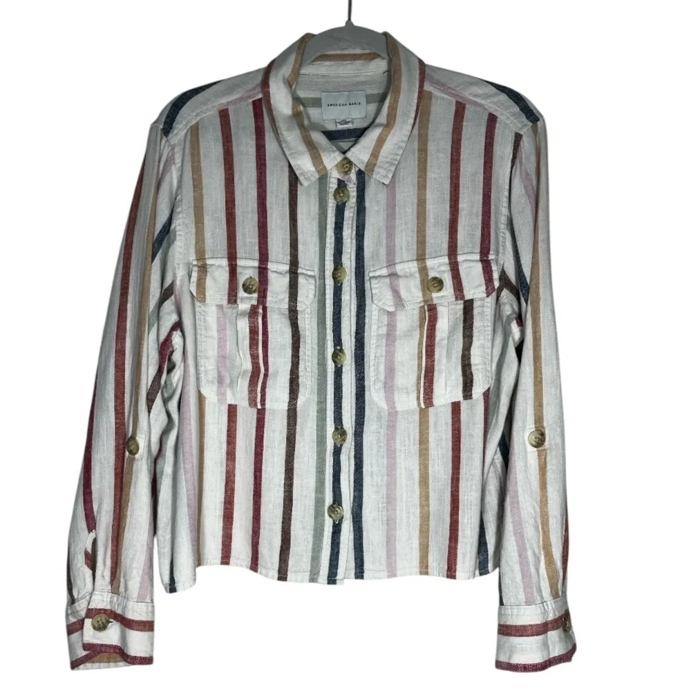 American  Eagle Womens Baggy
Cropped Shirt Striped Button Top
Long Sleeve. - Picture 2 of 7